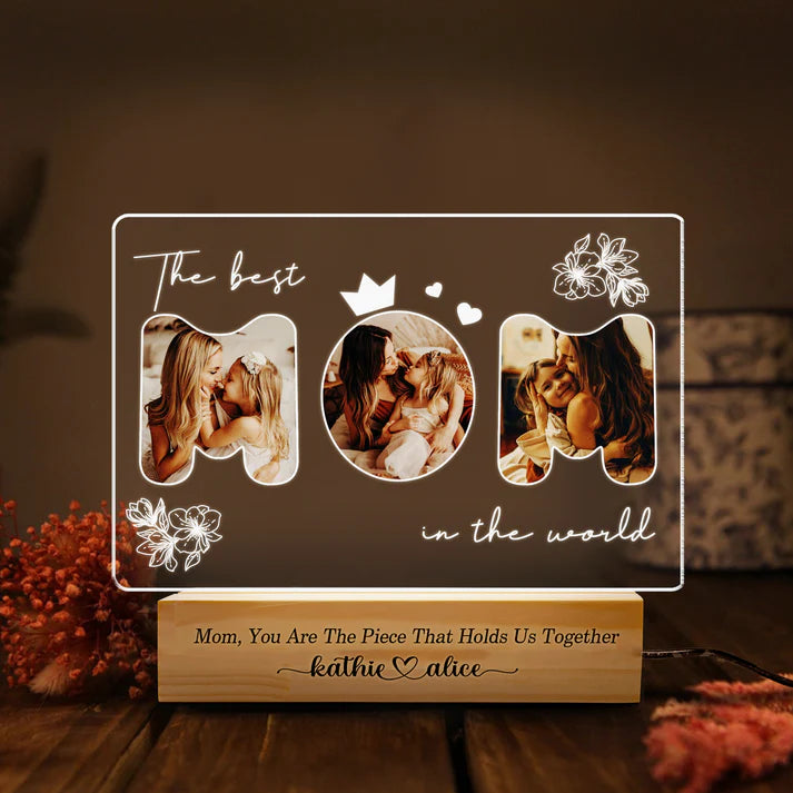 Personalized Picture Frames with Photo, Custom Acrylic Plaque Photo Frame with Night Light, Personalized Gifts for Mom from Daughter, Son, Kids