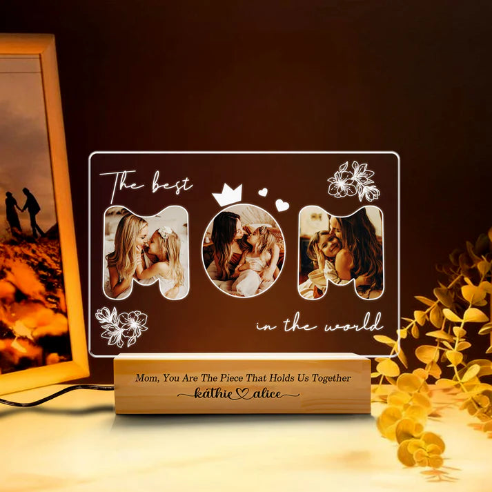 Personalized Picture Frames with Photo, Custom Acrylic Plaque Photo Frame with Night Light, Personalized Gifts for Mom from Daughter, Son, Kids
