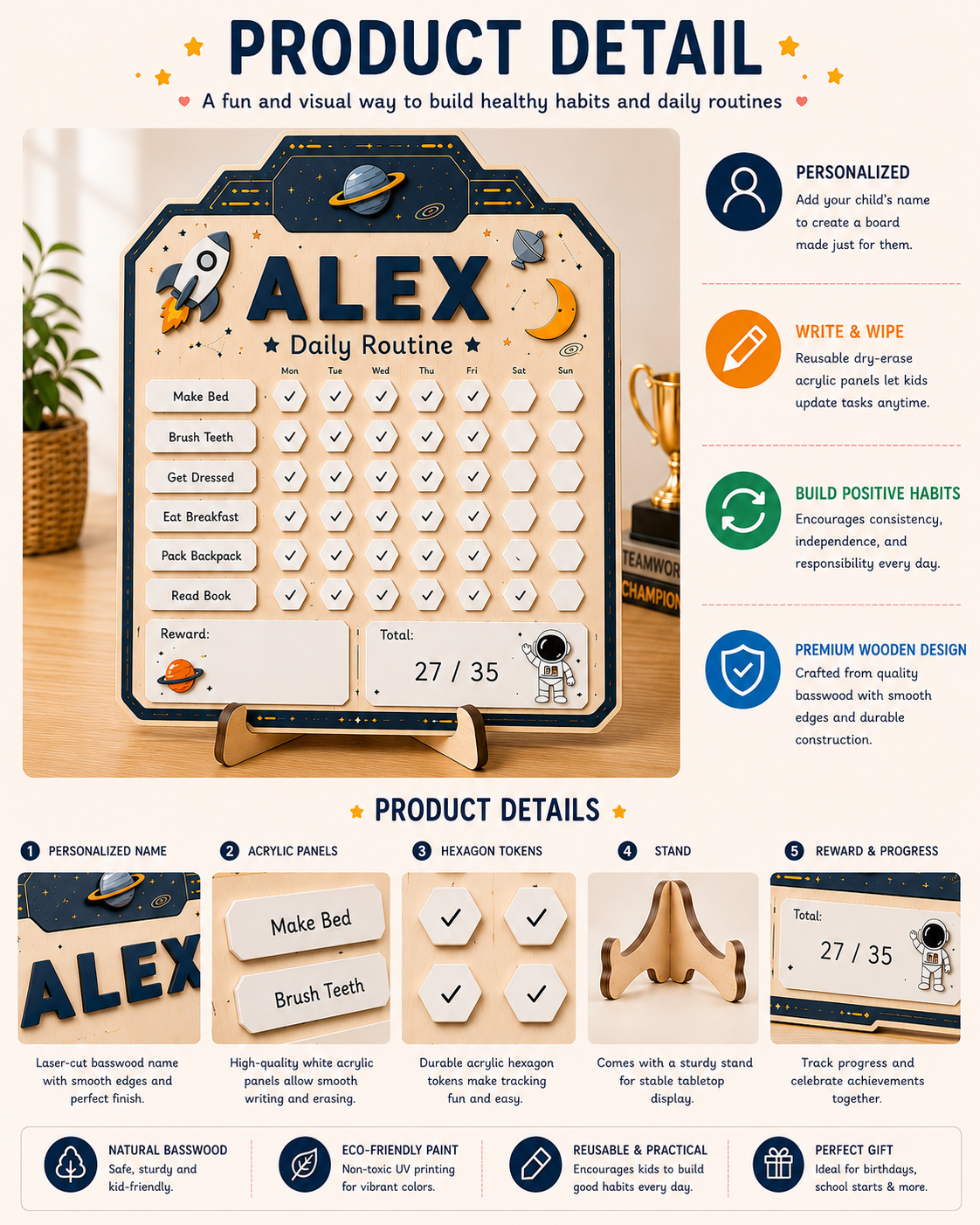 Personalized Daily Routine Chart for Kids | Montessori Chore Chart | Custom Name Habit Tracker | Dry Erase Reward Board, Space Daily Routine