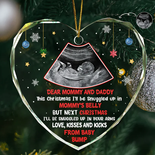 Custom Photo This Christmas I'll Be Snuggled Up Newborn Baby - Personalized Heart Shaped Glass Ornament