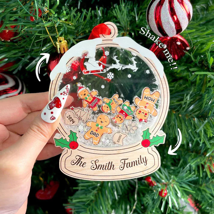 Gingerbread Family Ornament Christmas Gift , Personalized Family Shaker Ornament With Pets, Gift For Family, Custom Christmas Ornament