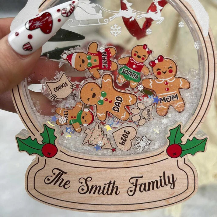 Gingerbread Family Ornament Christmas Gift , Personalized Family Shaker Ornament With Pets, Gift For Family, Custom Christmas Ornament