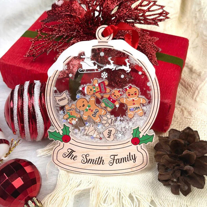 Gingerbread Family Ornament Christmas Gift , Personalized Family Shaker Ornament With Pets, Gift For Family, Custom Christmas Ornament