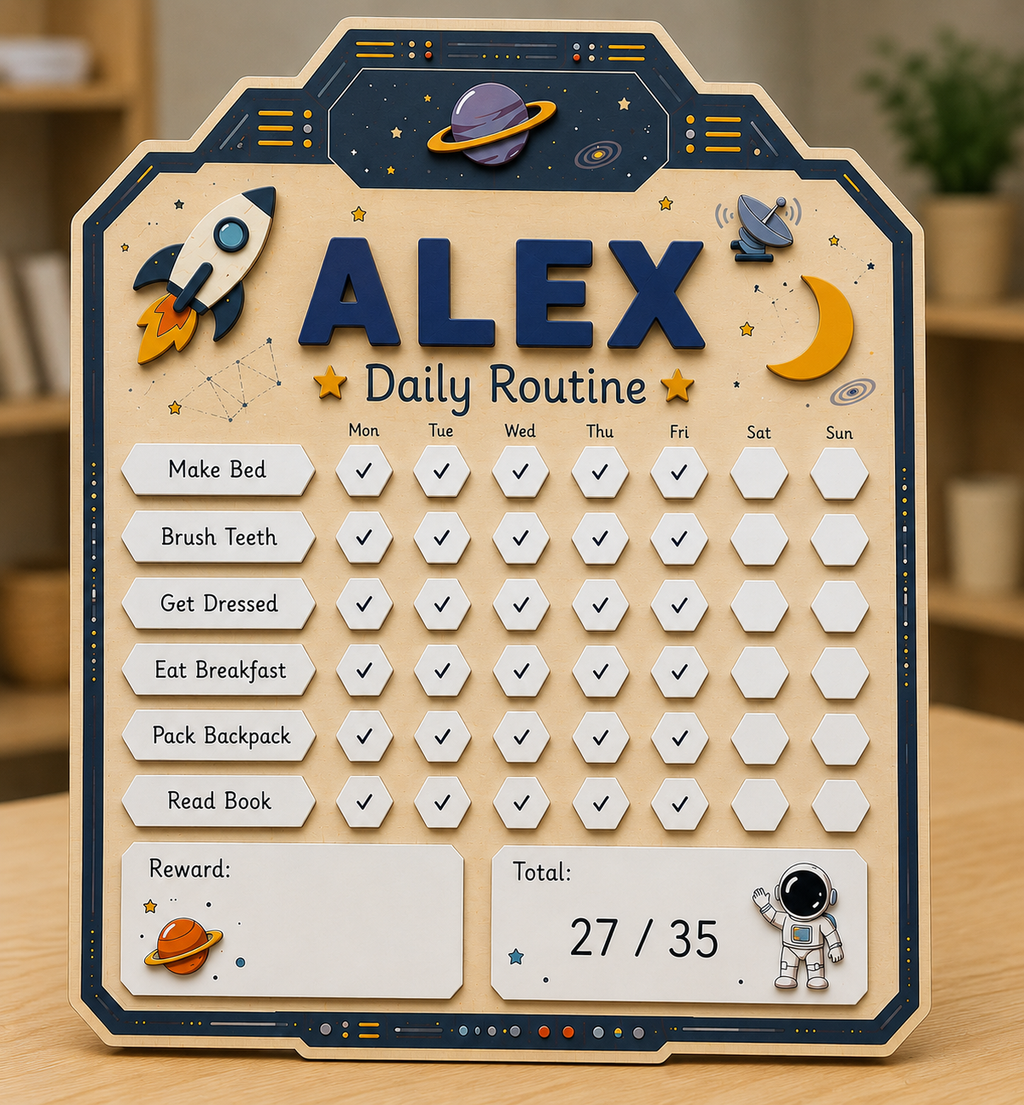 Personalized Daily Routine Chart for Kids | Montessori Chore Chart | Custom Name Habit Tracker | Dry Erase Reward Board, Space Daily Routine