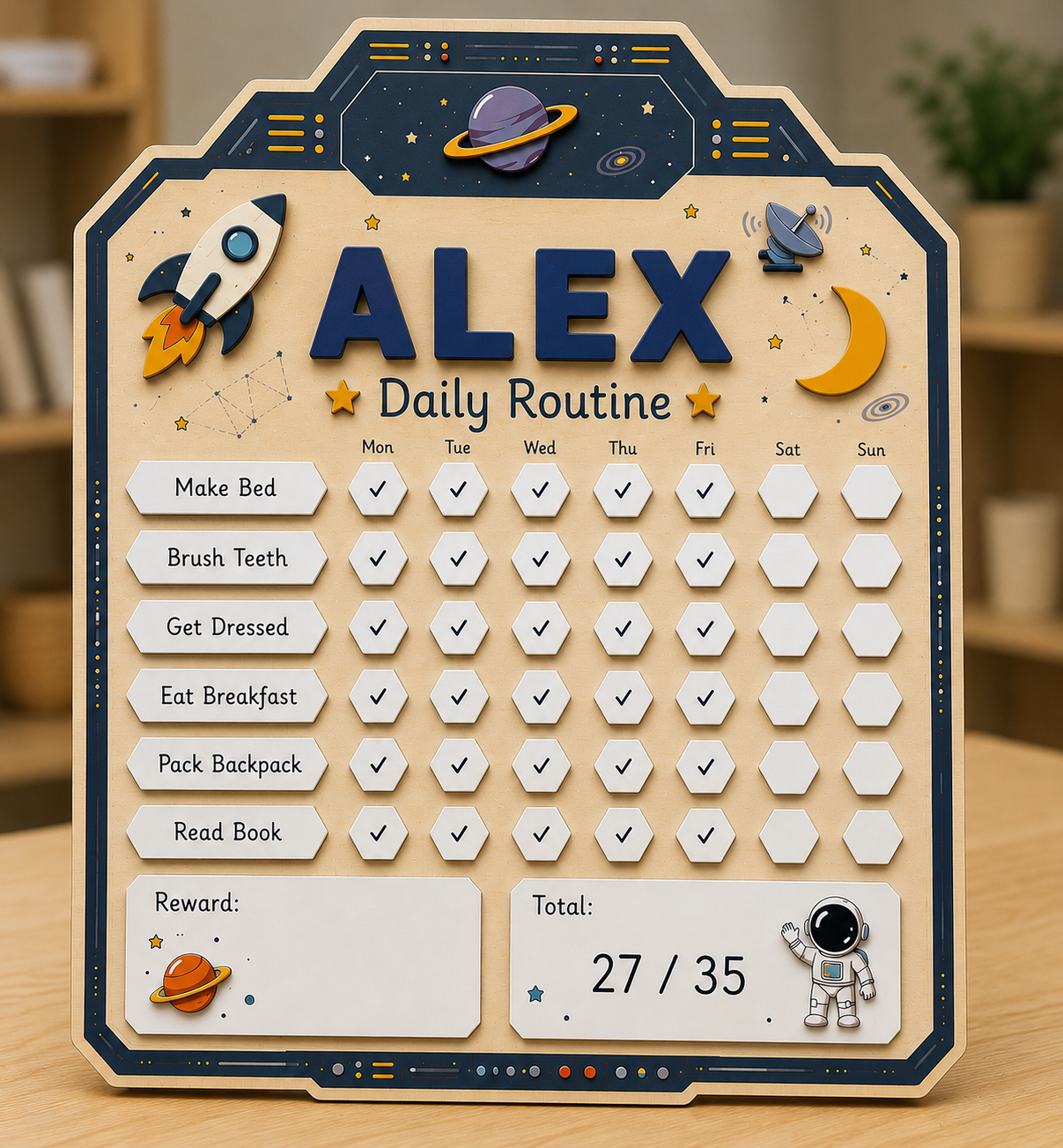 Personalized Daily Routine Chart for Kids | Montessori Chore Chart | Custom Name Habit Tracker | Dry Erase Reward Board, Space Daily Routine
