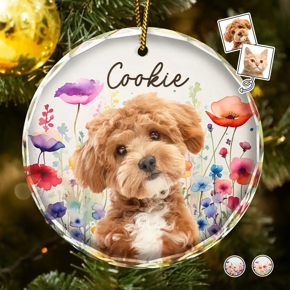 Custom Photo Dog Cat Pet Watercolor Wildflowers - Personalized Circle Glass Ornament