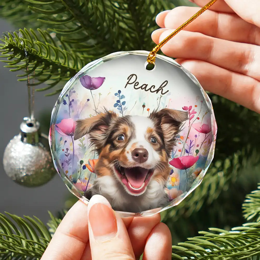 Custom Photo Dog Cat Pet Watercolor Wildflowers - Personalized Circle Glass Ornament