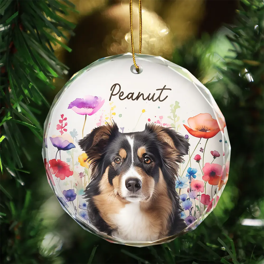 Custom Photo Dog Cat Pet Watercolor Wildflowers - Personalized Circle Glass Ornament