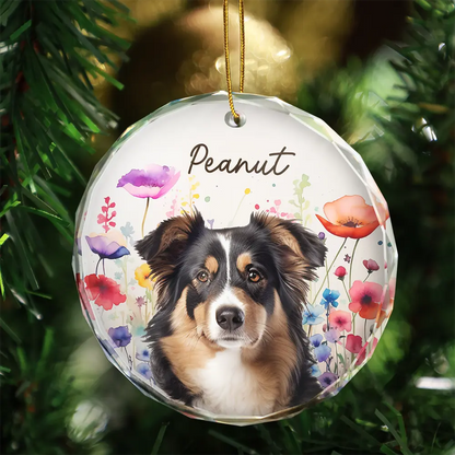 Custom Photo Dog Cat Pet Watercolor Wildflowers - Personalized Circle Glass Ornament