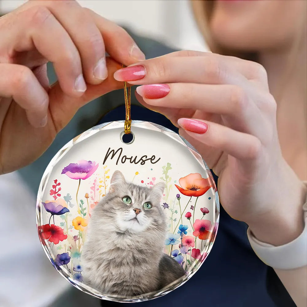 Custom Photo Dog Cat Pet Watercolor Wildflowers - Personalized Circle Glass Ornament