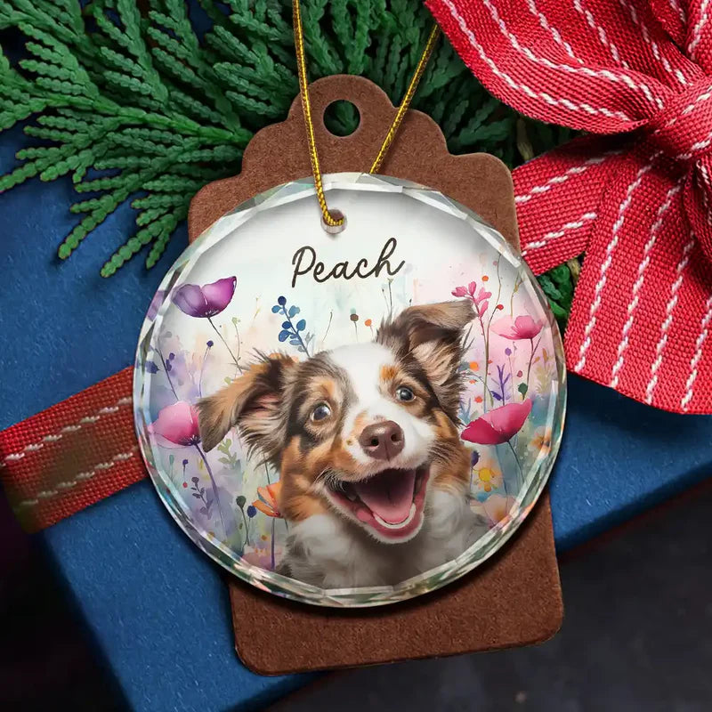 Custom Photo Dog Cat Pet Watercolor Wildflowers - Personalized Circle Glass Ornament