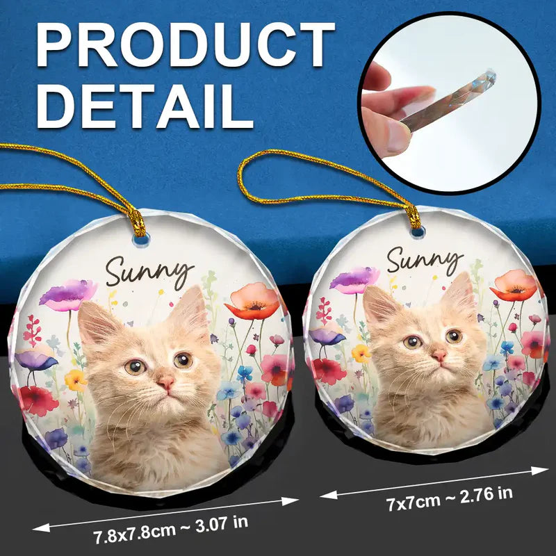Custom Photo Dog Cat Pet Watercolor Wildflowers - Personalized Circle Glass Ornament