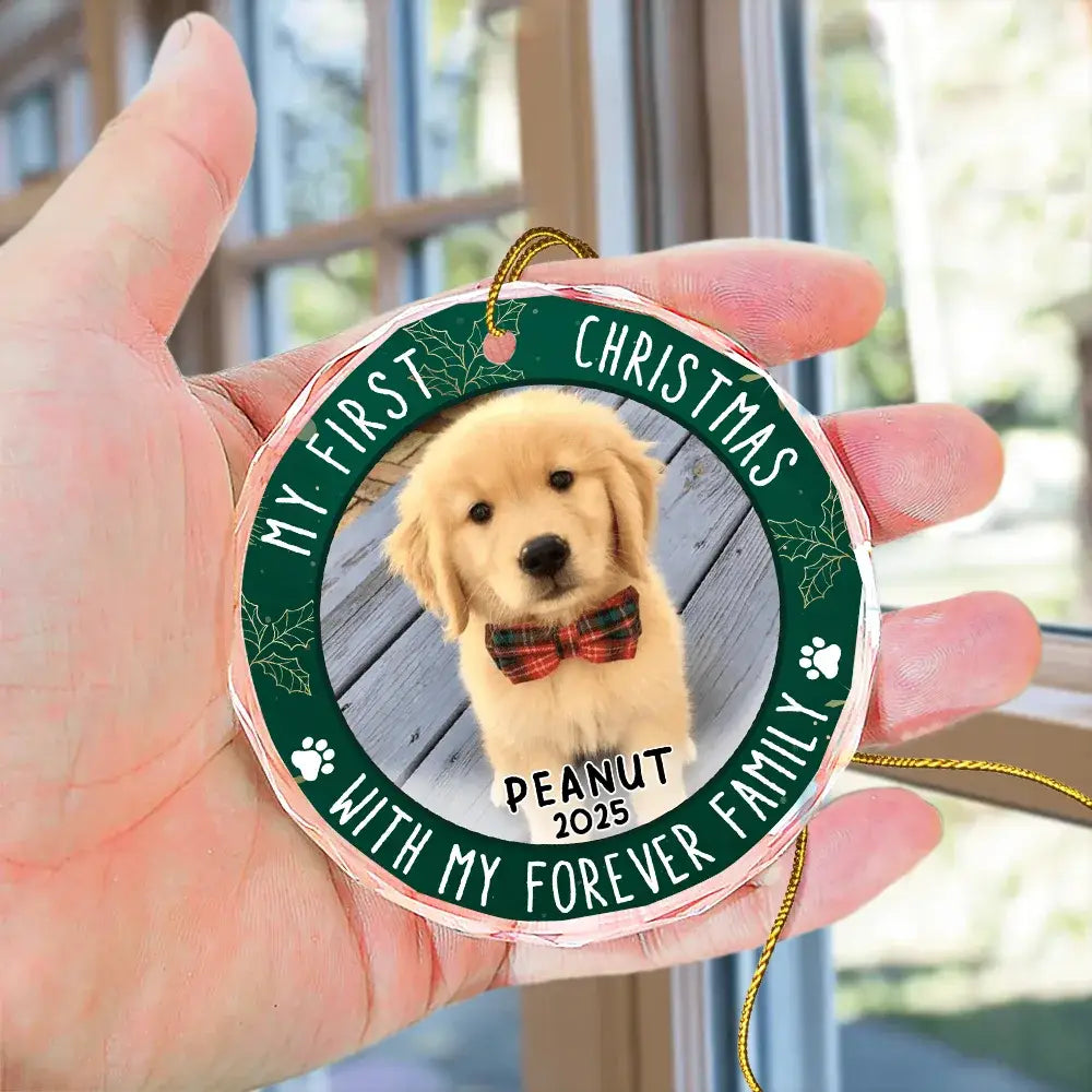 Custom Photo First Christmas Pet Lovers - Personalized Circle Glass Ornament