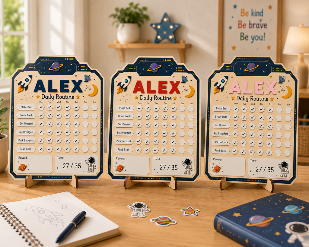 Personalized Daily Routine Chart for Kids | Montessori Chore Chart | Custom Name Habit Tracker | Dry Erase Reward Board, Space Daily Routine