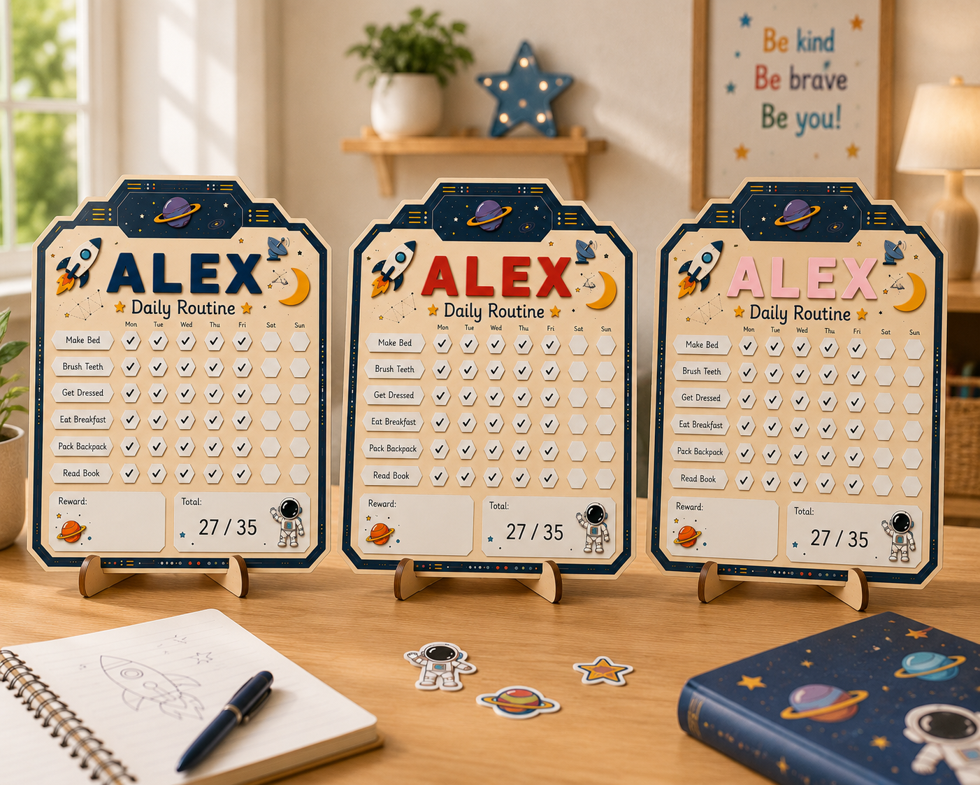 Personalized Daily Routine Chart for Kids | Montessori Chore Chart | Custom Name Habit Tracker | Dry Erase Reward Board, Space Daily Routine