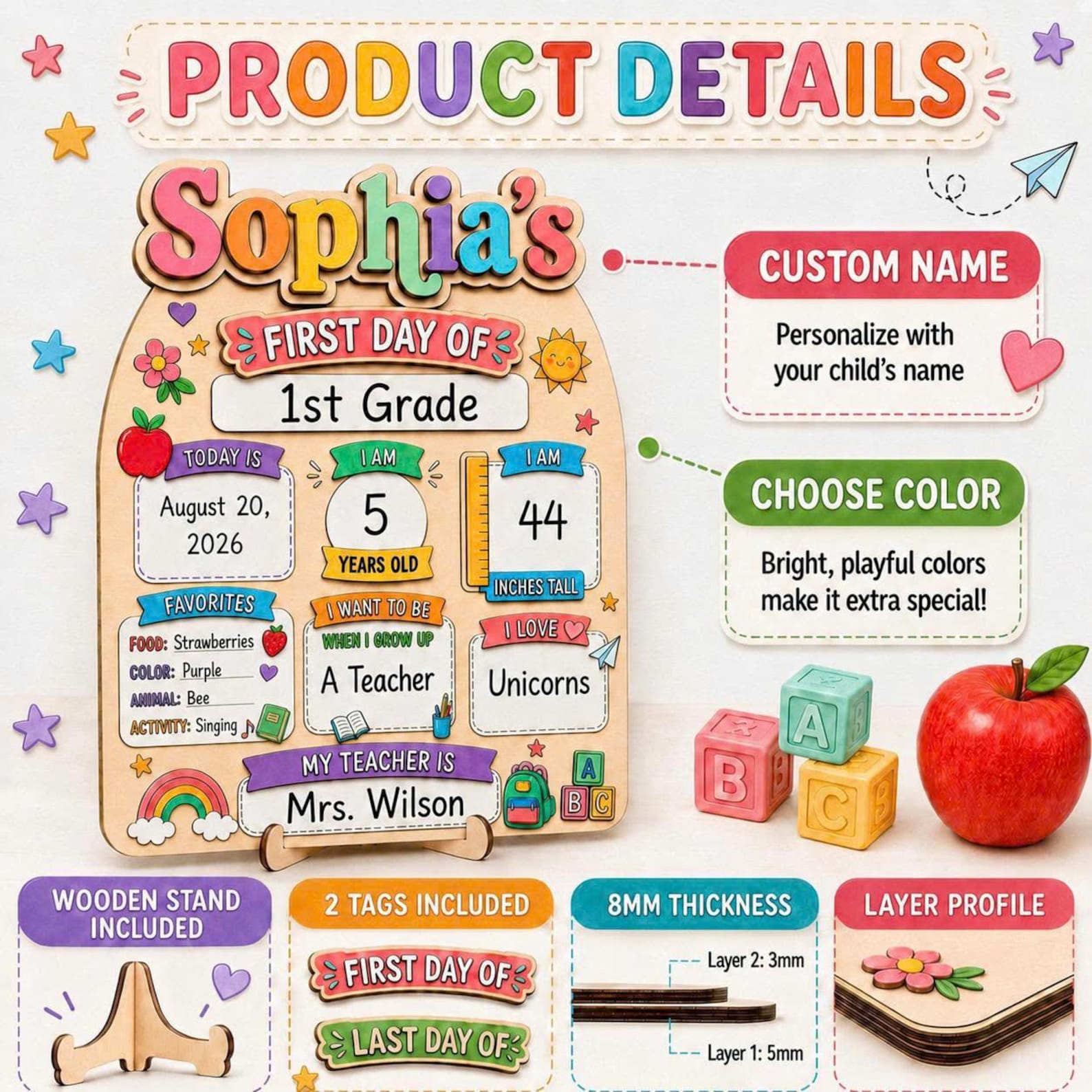 Personalized First Day of School Sign, Kids Photo Prop, Milestone Board, Back To school gift, New school gift - product image 6