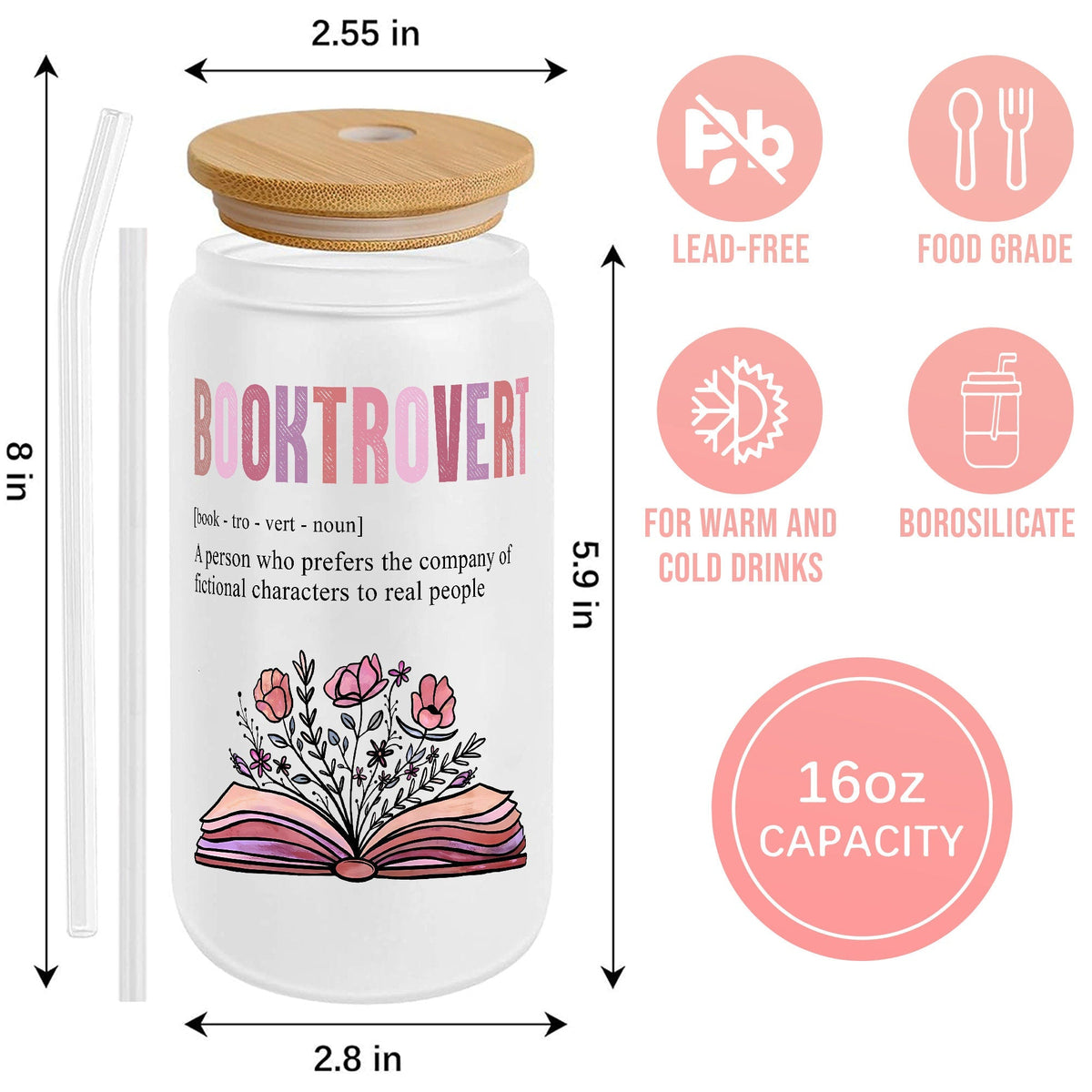 Booktrovert Glass Can: Floral Book Lover Gift with Lid & Straw - product image 4