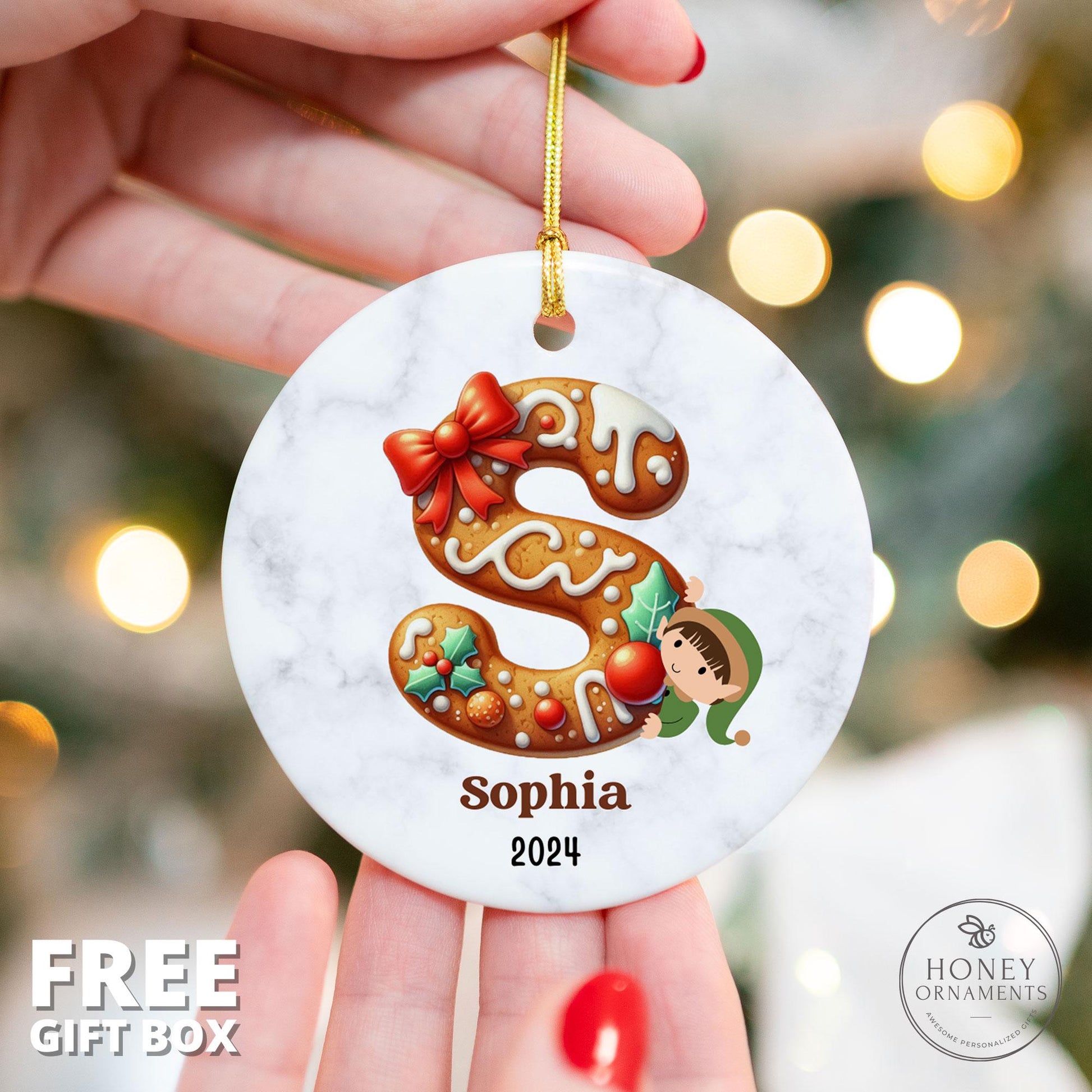 Custom Initial Ornament Personalized Family Name Ornament Monogram Christmas Ornament Letter Name Ornament Alphabet Keepsake Elf Gingerbread - product image 3