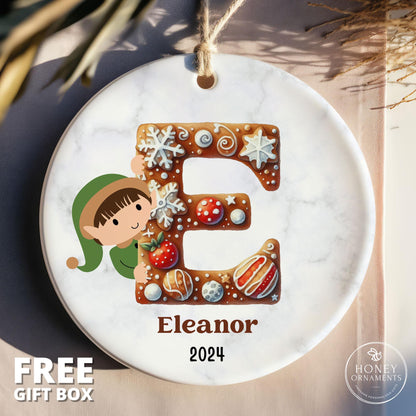 Custom Initial Ornament Personalized Family Name Ornament Monogram Christmas Ornament Letter Name Ornament Alphabet Keepsake Elf Gingerbread - main product image