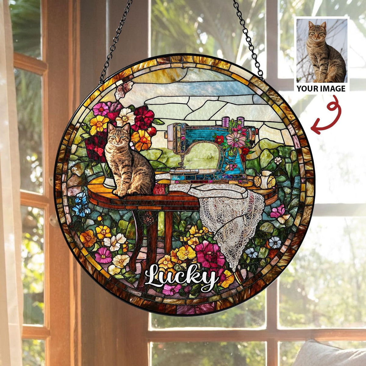 Custom Pet Photo Glass Suncatcher, Personalized Name Decor, Cat Portrait Gift, Vintage Sewing Sun Catcher, Unique Pet Memorial Art - product image 9