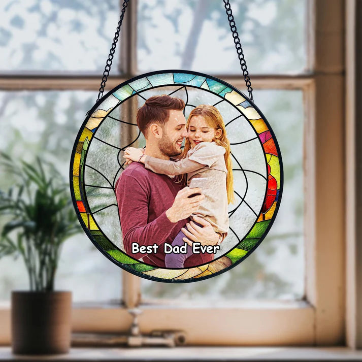 Personalized Dad Portrait Stained Glass Suncatcher, Dad and Kids Window Hanging, Father's Day Gifts, Gifts for Grandpa or Dad, New Dad Gifts