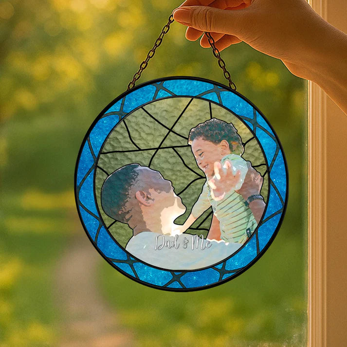 Personalized Fathers Day Glass Suncatcher, Custom Dad Portrait Stained Glass, Dad Birthday Gifts, Dad Glass Suncatcher Window