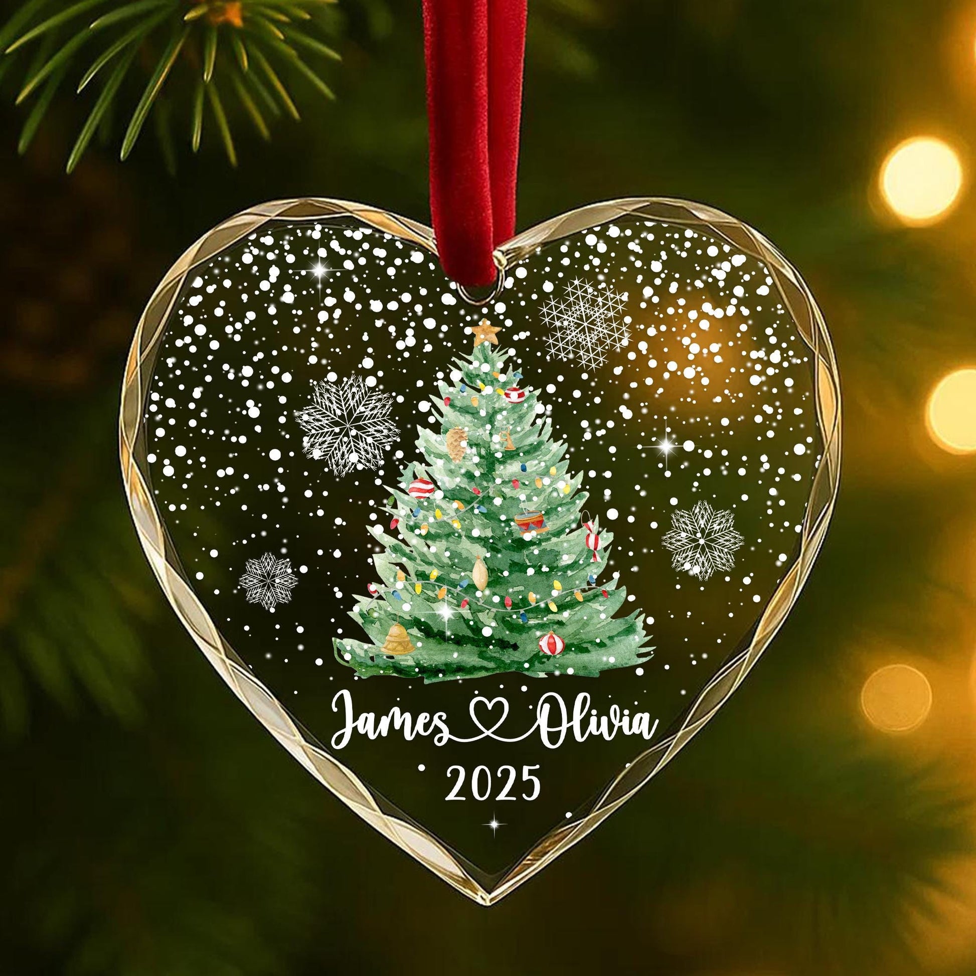 Personalized Christmas Tree Ornament – Custom Couple Names & Year – Heart Glass Snowflake Holiday Keepsake OR096 - product image 3