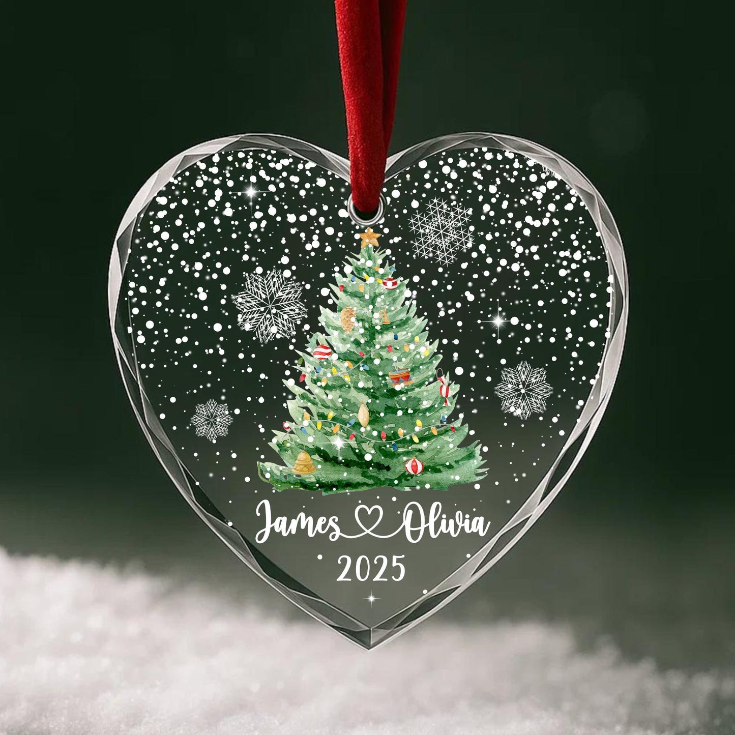 Personalized Christmas Tree Ornament – Custom Couple Names & Year – Heart Glass Snowflake Holiday Keepsake OR096 - product image 2