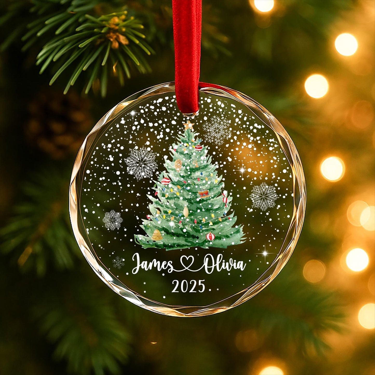 Personalized Christmas Tree Ornament – Custom Couple Names & Year – Heart Glass Snowflake Holiday Keepsake OR096 - product image 4