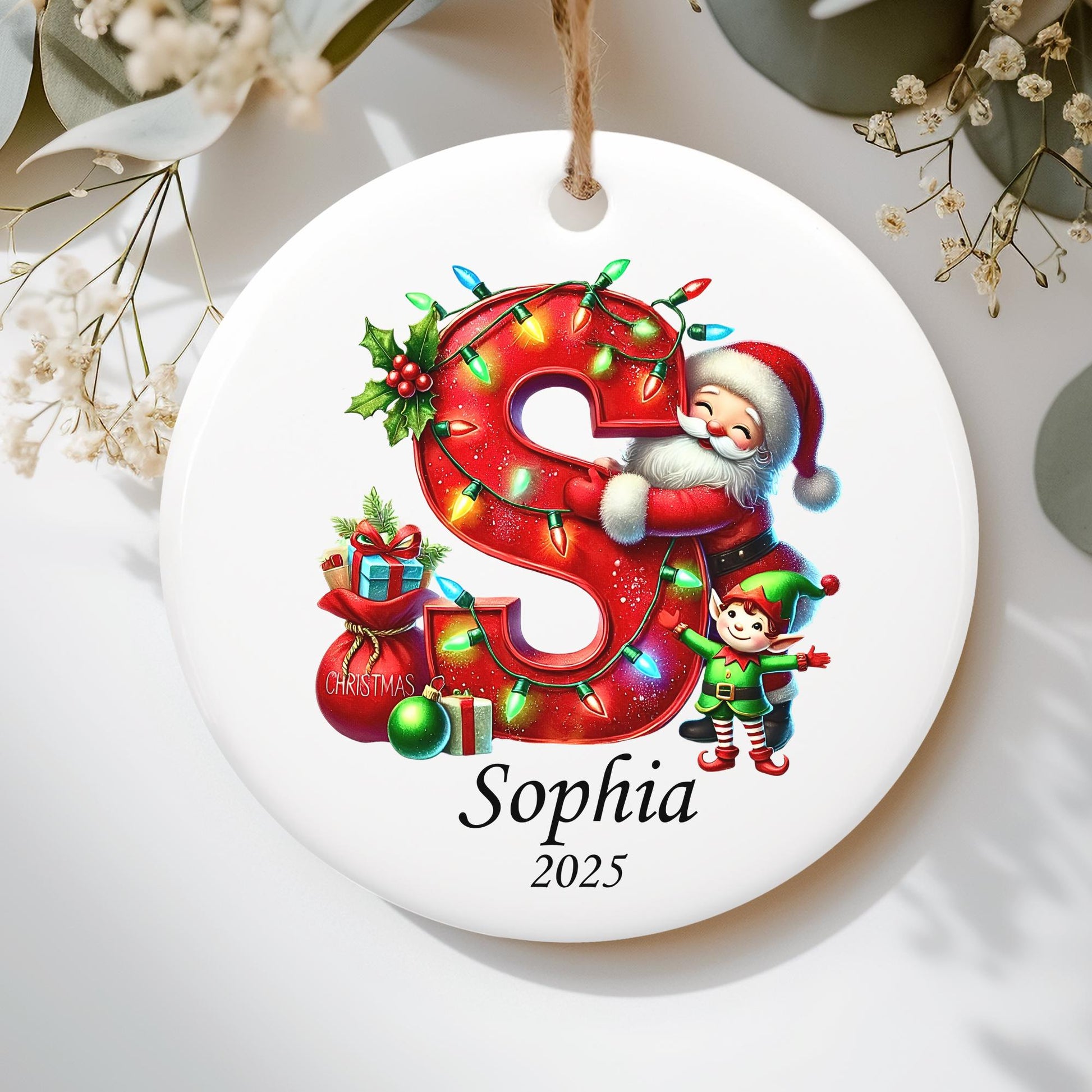Letter Name Ornament, Santa Elf Ornament Personalized Christmas Ornament 2025, Custom Initial ornament, Christmas ornament for kids, Family - main product image