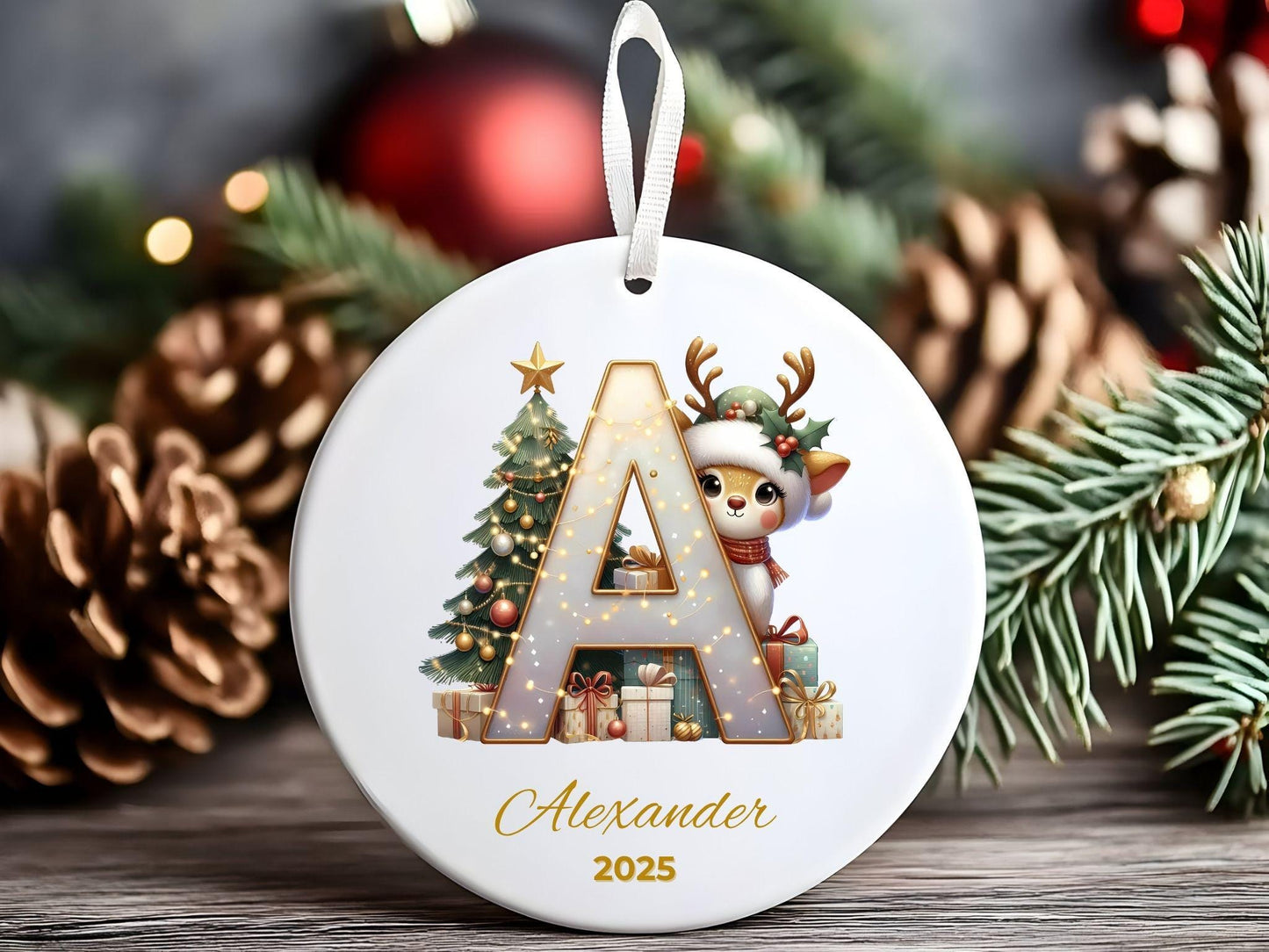 Personalized Reindeer Letter Ornament | Custom Initial A–Z Christmas Keepsake | Family Gift | Elegant Holiday Decor - main product image