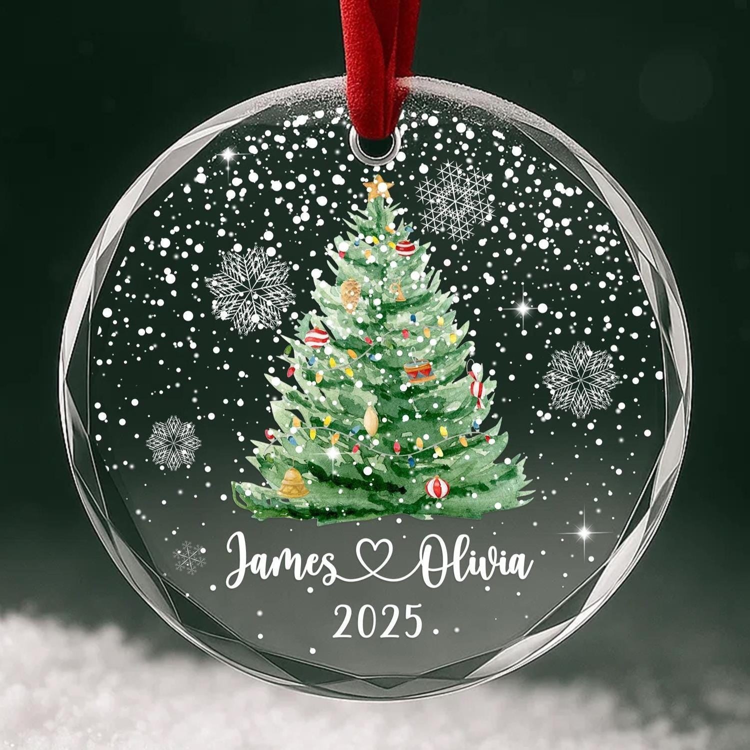 Personalized Christmas Tree Ornament – Custom Couple Names & Year – Heart Glass Snowflake Holiday Keepsake OR096 - main product image
