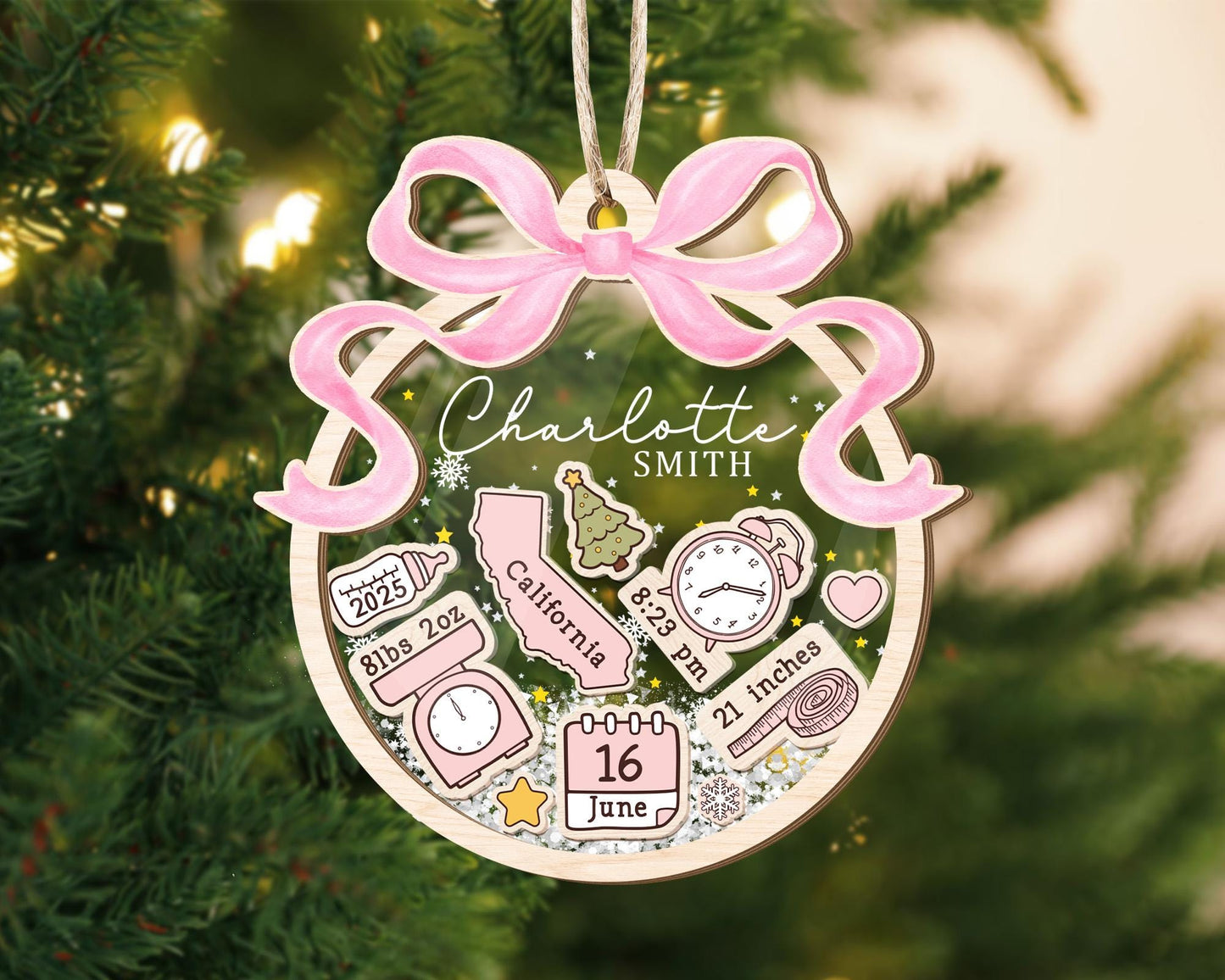 Personalized Baby's First Christmas Ornament: Coquette Bow Girl Newborn Keepsake - 4D Shaker - main product image