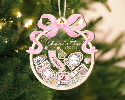 Personalized Baby's First Christmas Ornament: Coquette Bow Girl Newborn Keepsake - 4D Shaker - main product image