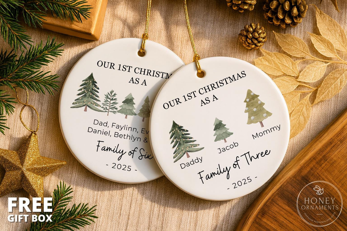 Family of Three Christmas Ornament - Family of 3 Ornament - Family Ornament - Personalized Baby's First Christmas Ornament, New Parent Gift - main product image
