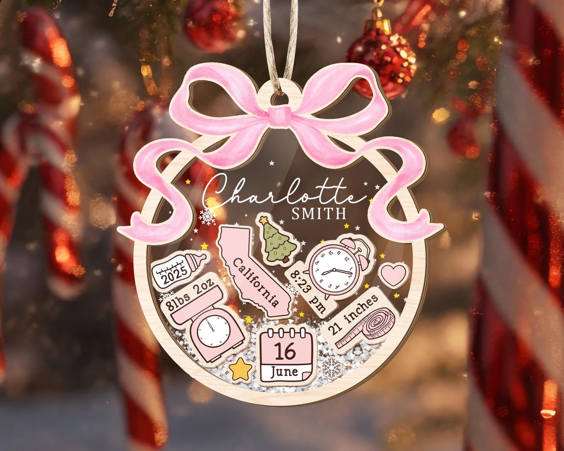 Personalized Baby's First Christmas Ornament: Coquette Bow Girl Newborn Keepsake - 4D Shaker - product image 11