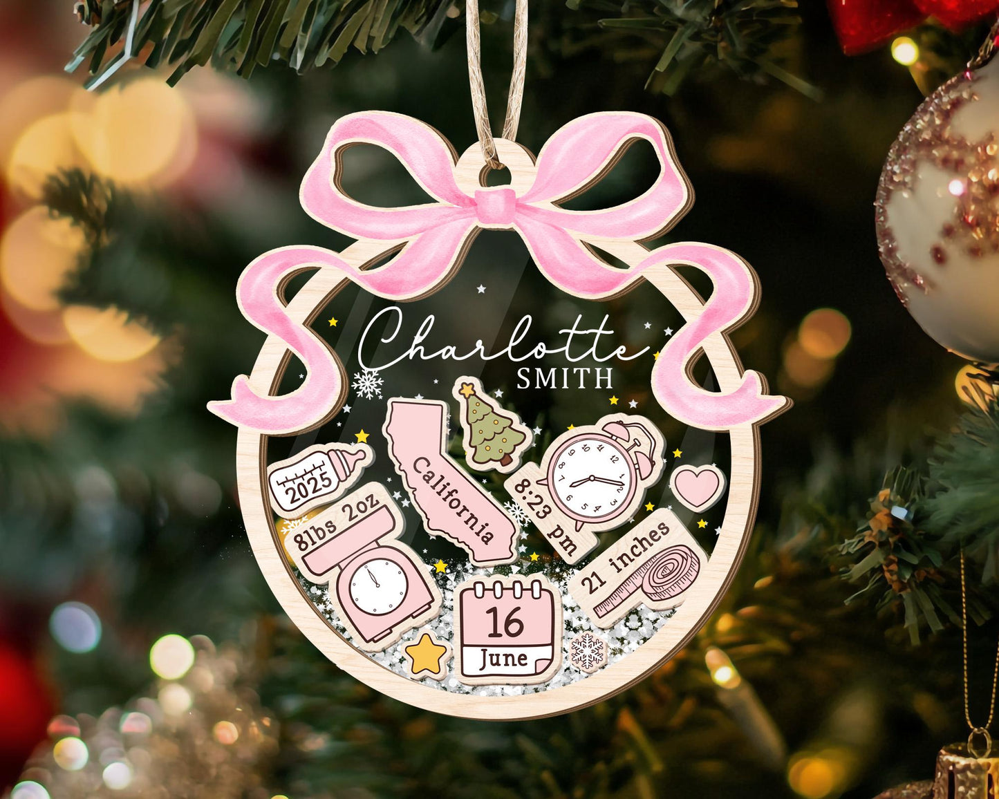 Personalized Baby's First Christmas Ornament: Coquette Bow Girl Newborn Keepsake - 4D Shaker - product image 12