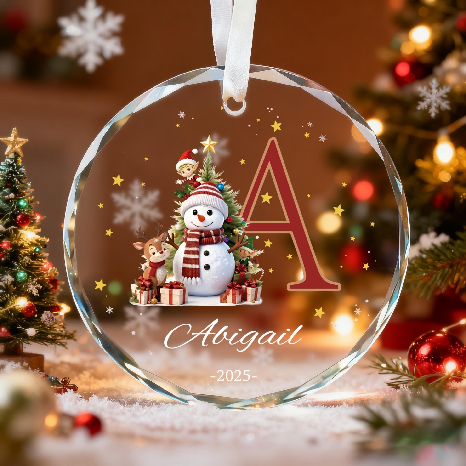 Custom Monogram Name Glass Ornament, Elf Snowman Christmas Ornaments for Kids, 2026 Christmas Keepsakes, Children Xmas Gifts - main product image