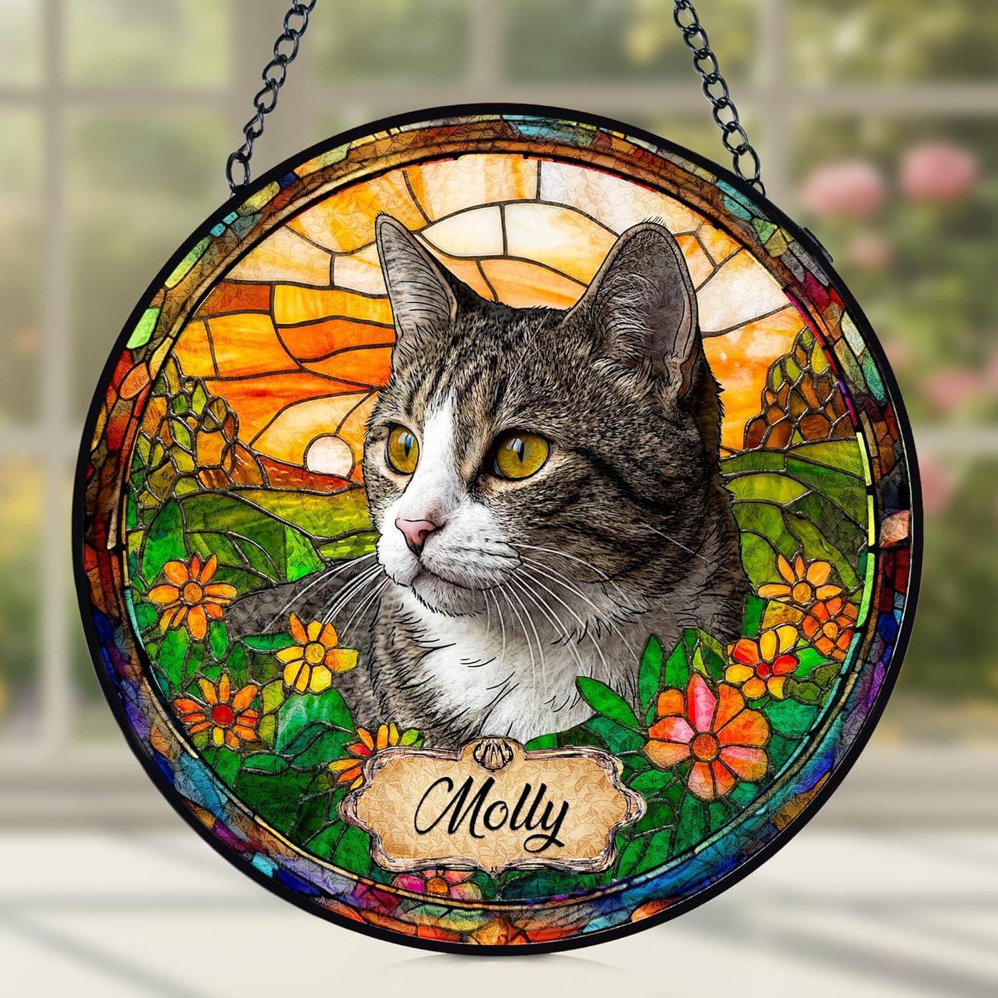 Personalized Pet StainedGlass Suncatcher, Dog Cat Memorial Window Hanging,Sympathy Bereavement Potrait Photo Gift for Loss of Pet,Pet Lovers - main product image