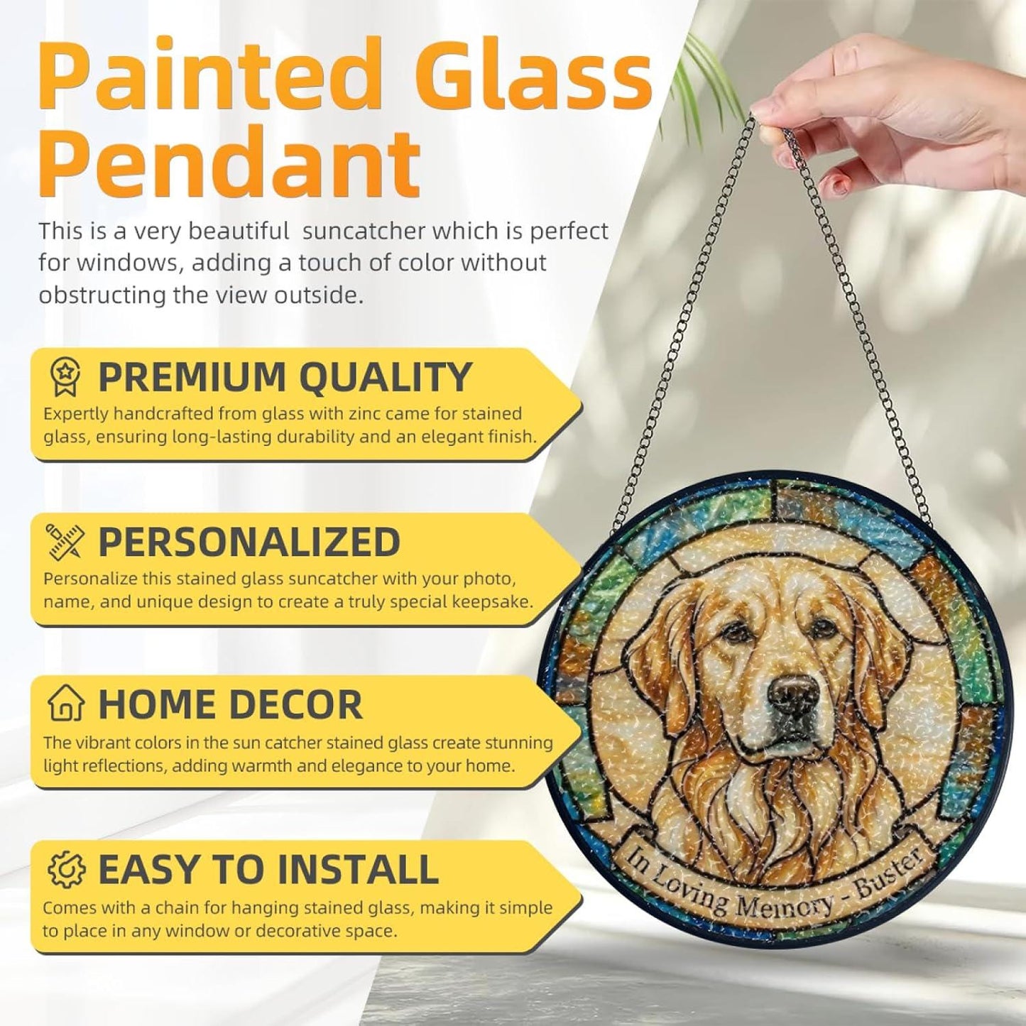 Personalized Pet Stained Glass Suncatcher, Dog Cat Portrait Window Hanging SunCatcher, Pet Memorial Sympathy Home Decor Gift for Pet Lovers - product image 6