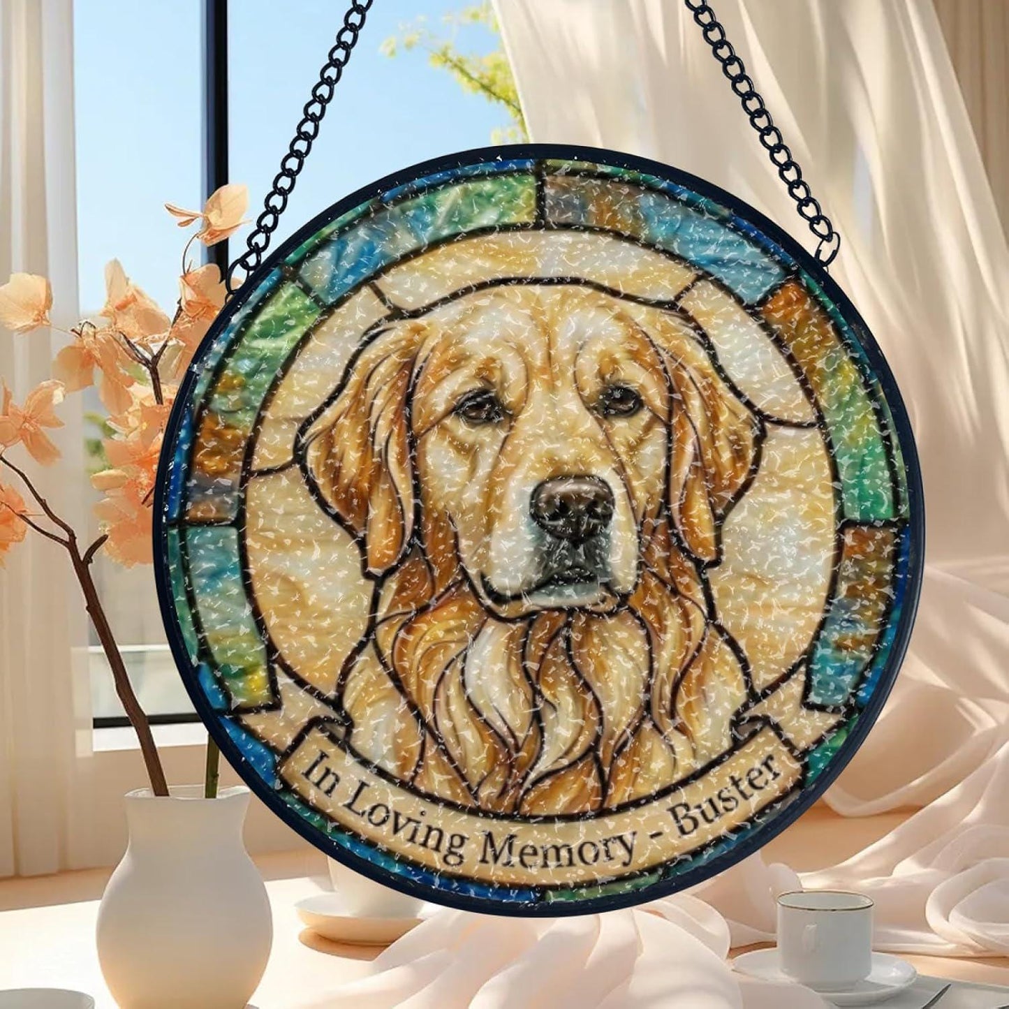 Personalized Pet Stained Glass Suncatcher, Dog Cat Portrait Window Hanging SunCatcher, Pet Memorial Sympathy Home Decor Gift for Pet Lovers - main product image