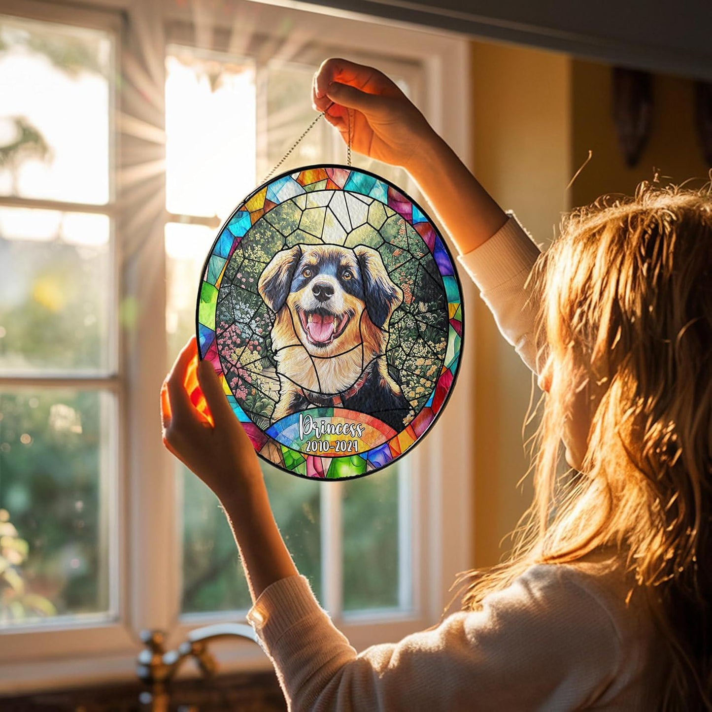 Custom Dog Portrait Art Suncatcher Stained Glass Remembrance Gift Pet Indoor Decor Window Hanging Dog Cat Bereavement Keepsake Loss of Pet - product image 3