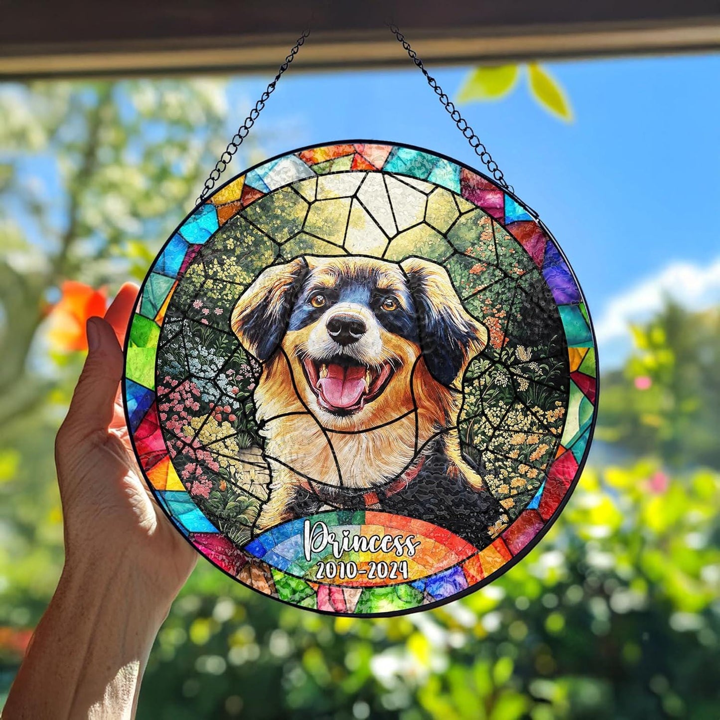 Custom Dog Portrait Art Suncatcher Stained Glass Remembrance Gift Pet Indoor Decor Window Hanging Dog Cat Bereavement Keepsake Loss of Pet - main product image