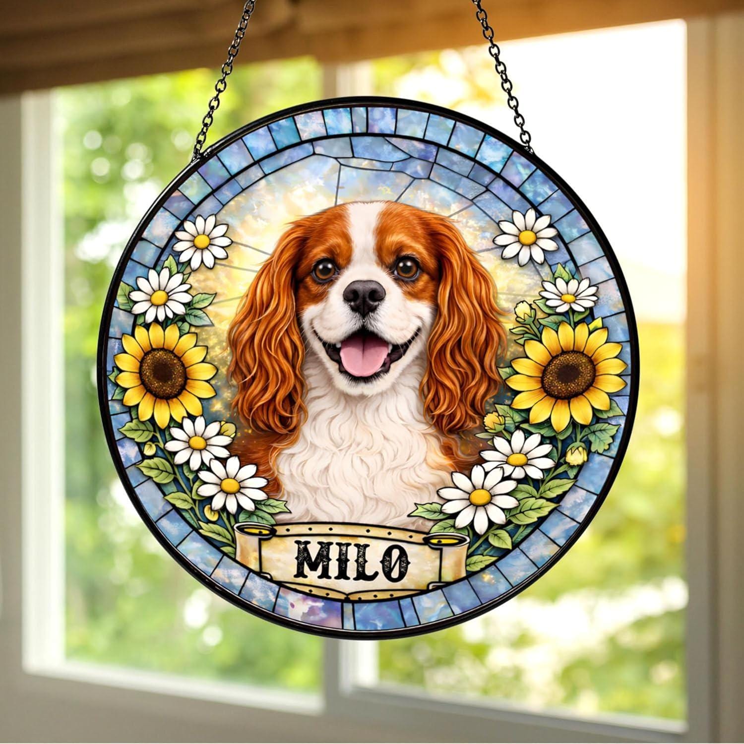Personalized Dog Portrait Stained Glass Suncatcher, Custom Pet Memorial Stained Glass Window Hanging, Dog Loss Keepsake, Pet Loss Gift - main product image