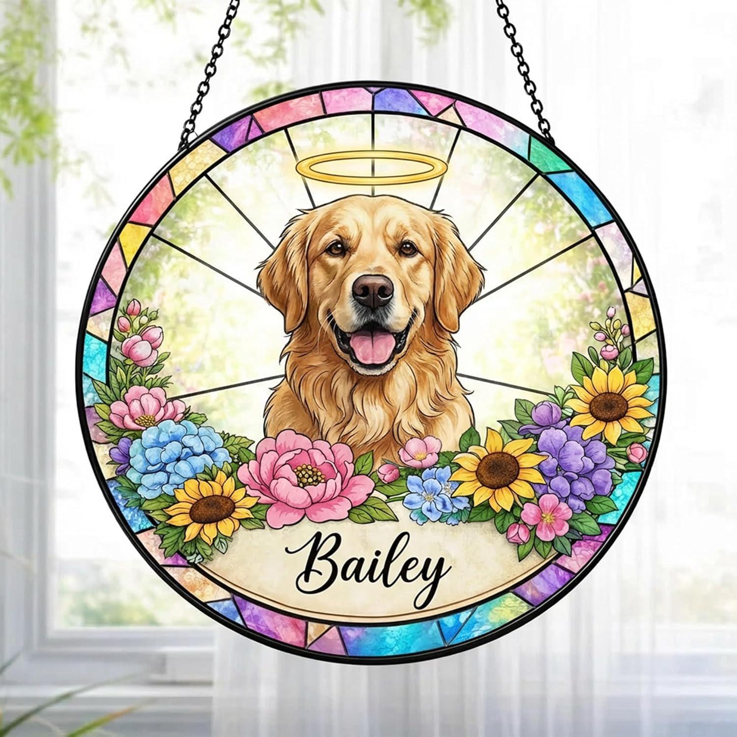 Custom Dog Portrait Stained Glass Light Catcher, Pet Memorial Stained Glass Photo SunCatcher, Dog Memorial Gifts,Loss of Dogs Sympathy Gift - main product image