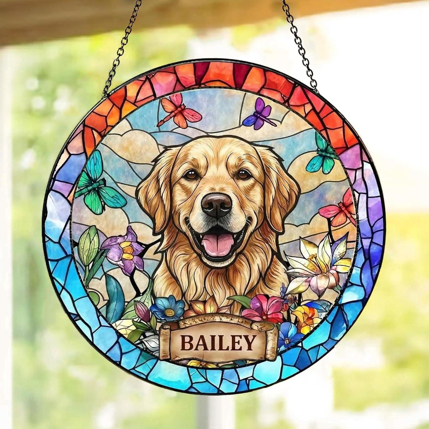 Custom Dog Portrait StainedGlass SunCatcher, Pet Memorial Photo Light Catcher, Dog Memorial, Loss of Dogs Sympathy Gift, Pet Loss Gift - main product image