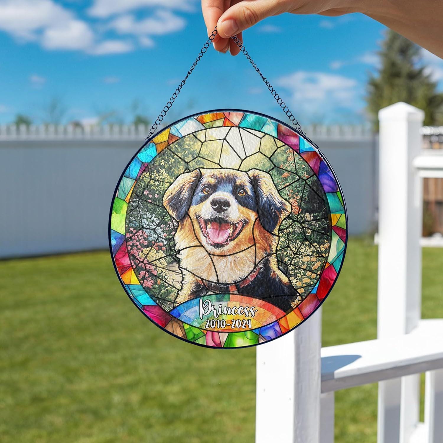 Custom Dog Portrait Art Suncatcher Stained Glass Remembrance Gift Pet Indoor Decor Window Hanging Dog Cat Bereavement Keepsake Loss of Pet - product image 2