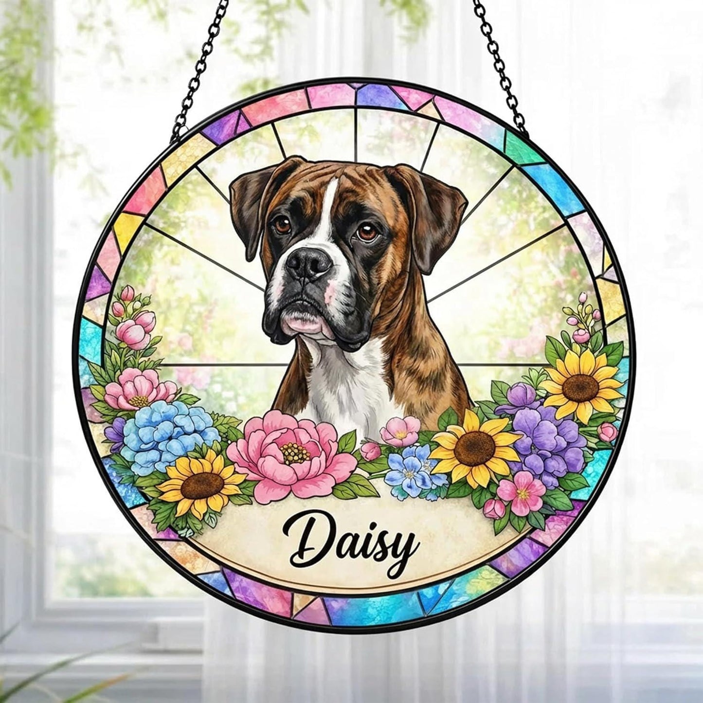 Custom Dog Portrait Stained Glass Light Catcher, Pet Memorial Stained Glass Photo SunCatcher, Dog Memorial Gifts,Loss of Dogs Sympathy Gift - product image 2