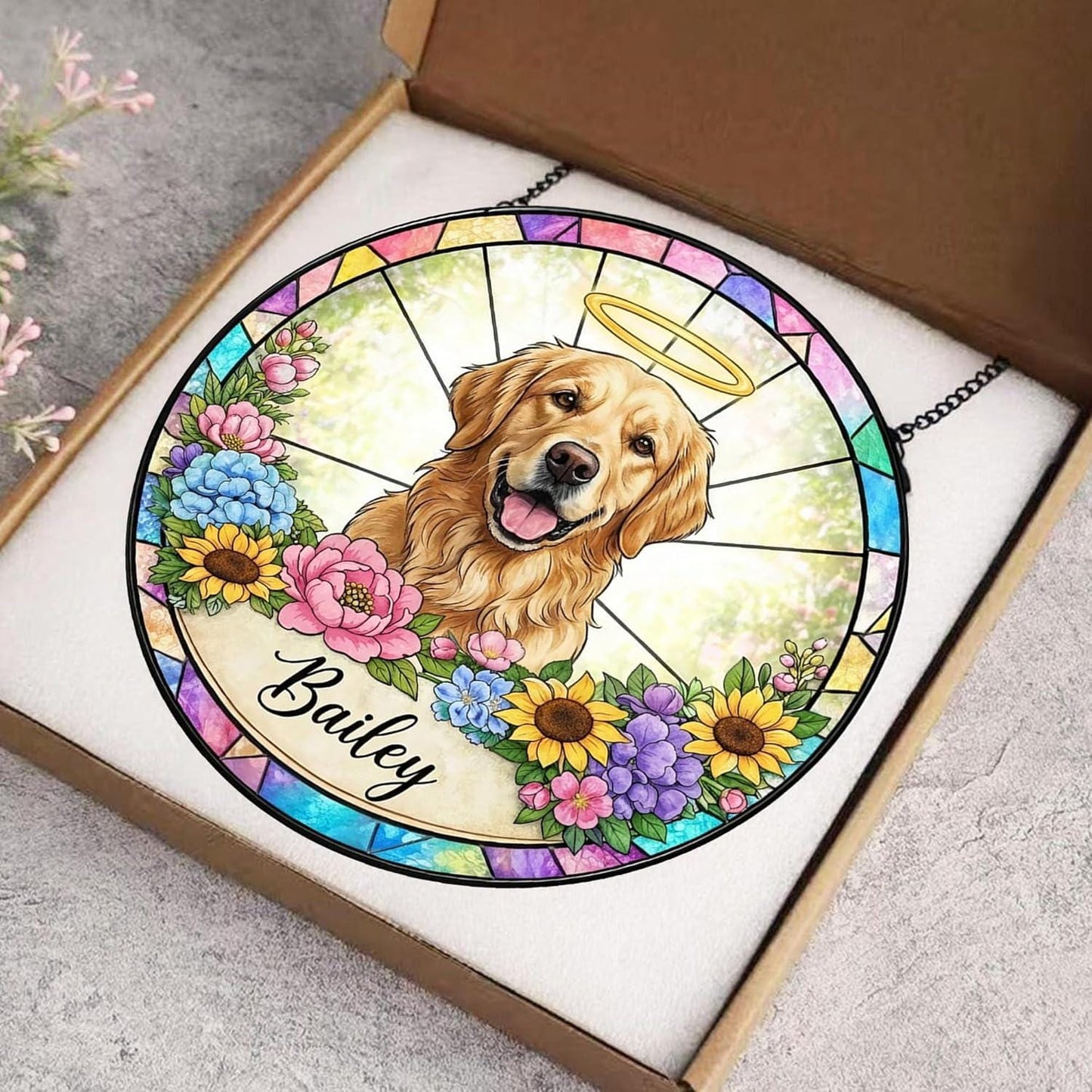 Custom Dog Portrait Stained Glass Light Catcher, Pet Memorial Stained Glass Photo SunCatcher, Dog Memorial Gifts,Loss of Dogs Sympathy Gift - product image 3