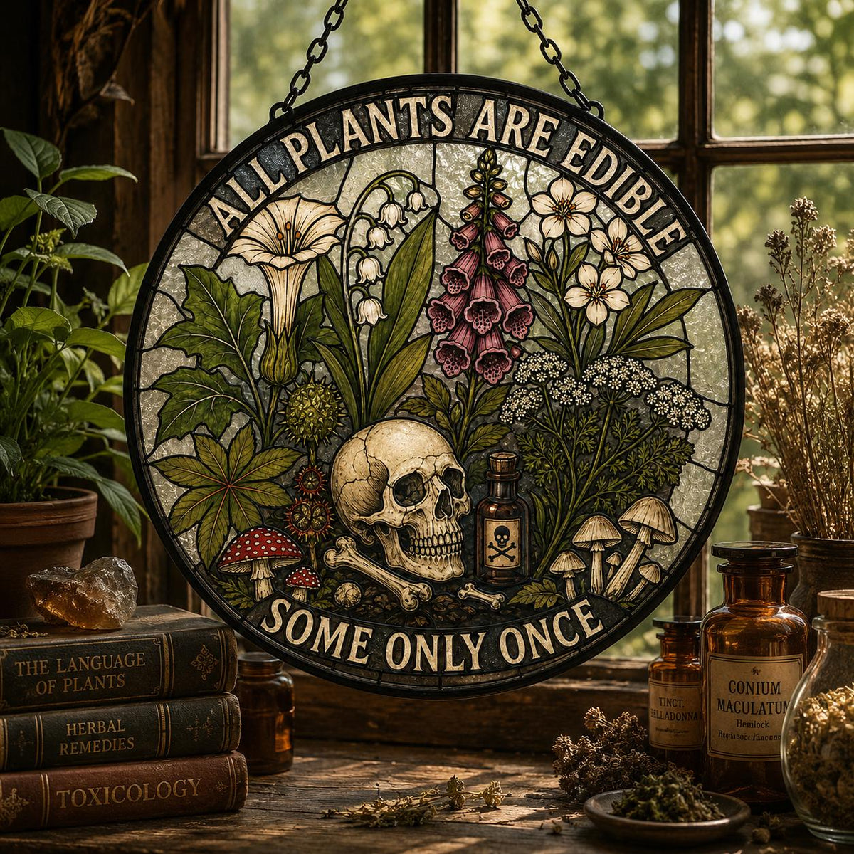All Plants Are Edible Stained Glass Suncatcher | Funny Gothic Botanical Window Hanging | Dark Humor Plant Lover Gift | Mushroom Skull Decor - product image 4